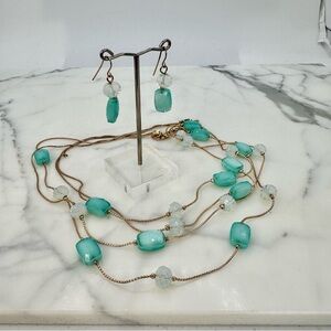Aqua and Opalescent Glass Bead Multi-Strand Necklace & Earrings Set 32” Long